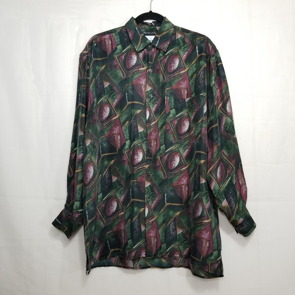 Vintage Stock Options Silk Button Up Shirt multi size L 80s 90s All Over Print